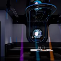 Modern KTV Interior With Neon Lights Round Screen Sofas And Bar Counter Lighting Effects