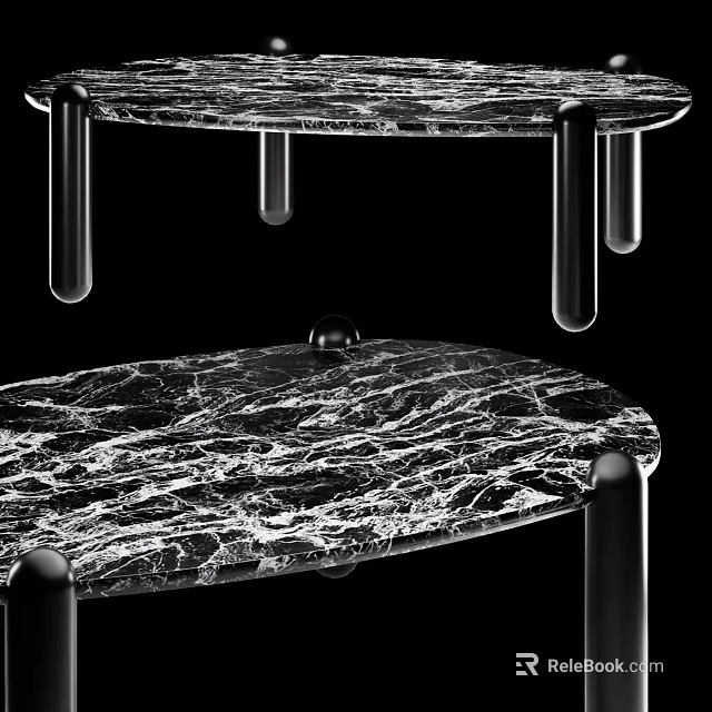 Modern Coffee Table With Marble Texture Surface And Double Tier Black Metal Legs 3d model 