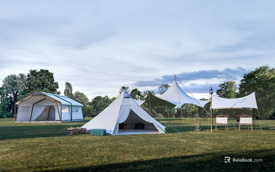 White Canvas Camping Tents In Outdoor Grassland With Pyramid Shape And Trees 3d model 