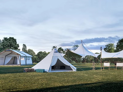 White Canvas Camping Tents In Outdoor Grassland With Pyramid Shape And Trees 3d model