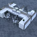 Modern Office Cubicle Workspace With Desks Monitors Chairs Plants And Storage