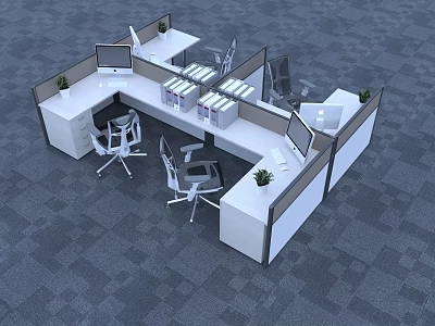 Modern Office Cubicle Workspace With Desks Monitors Chairs Plants And Storage 3d model