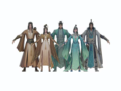 Ancient Style Characters And Mythical Creatures In Traditional Robes With Intricate Hairstyles And Colorful Attire 3d model