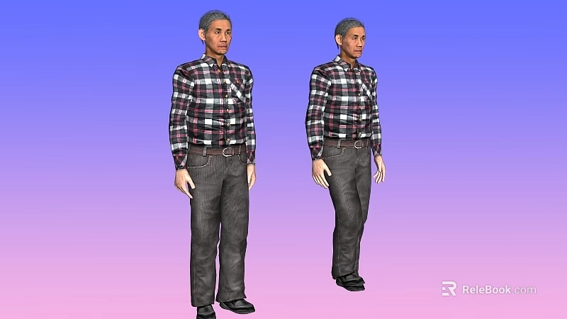 Man Wearing Plaid Shirt And Dark Pants Standing Against Blue Purple To Pink Gradient Background 3d model 