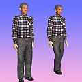 Man Wearing Plaid Shirt And Dark Pants Standing Against Blue Purple To Pink Gradient Background