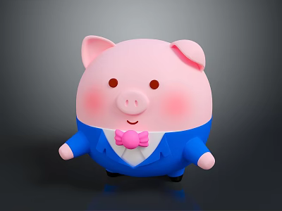 Cute Chubby Pink Pig Cartoon Character Dressed In Blue Suit With Pink Bow Tie 3d model