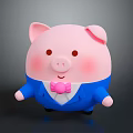 Cute Chubby Pink Pig Cartoon Character Dressed In Blue Suit With Pink Bow Tie