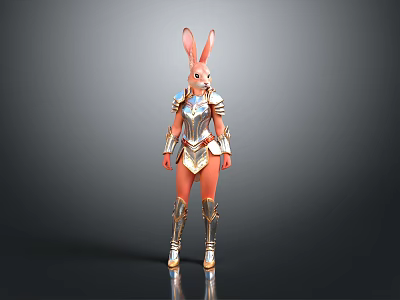 Rabbit Character In Metallic Armor Suit With Golden Accents And Red Ears 3d model