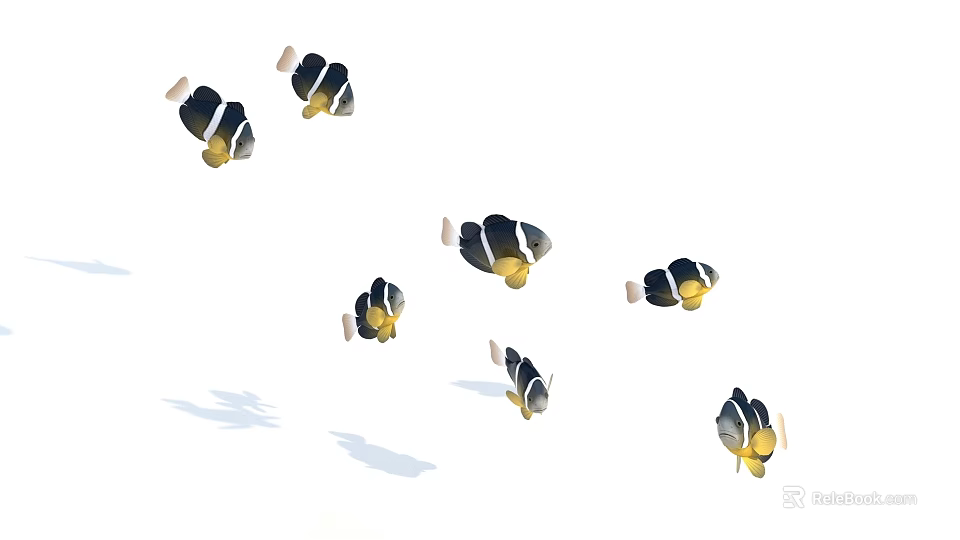 A School of Clownfish Swimming with Black White and Yellow Stripes in Water 3d model 