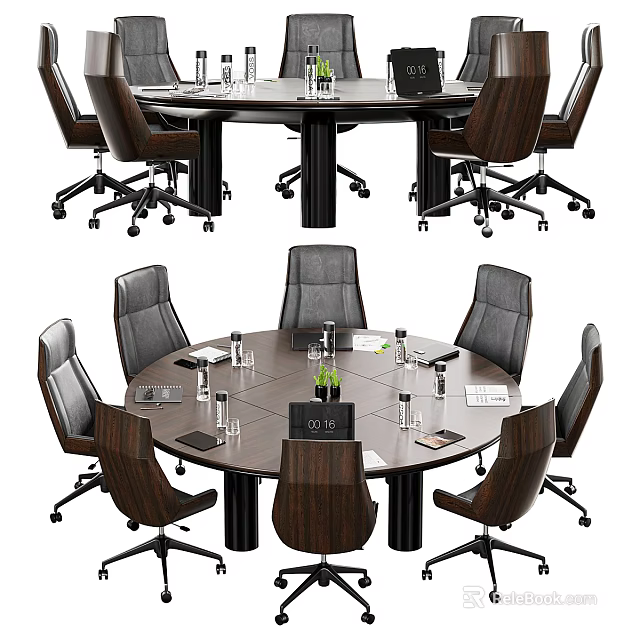 Round Conference Table with Leather Office Chairs and Water Bottles Notebooks in Modern Meeting Room 3d model 