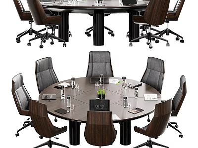 Round Conference Table with Leather Office Chairs and Water Bottles Notebooks in Modern Meeting Room 3d model