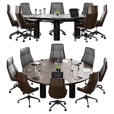 Round Conference Table with Leather Office Chairs and Water Bottles Notebooks in Modern Meeting Room 3d model