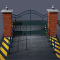 Entrance Gate With Brick Pillars Black Iron Design And Yellow Warning Stripes On Ground