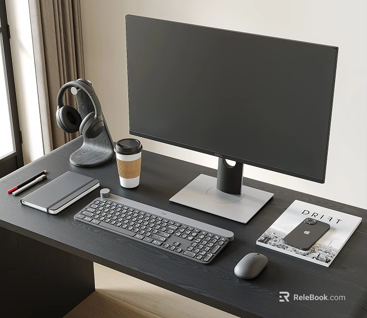 Modern Desktop Computer Setup With Monitor Keyboard Mouse Headphones And DELL Magazine 3d model 