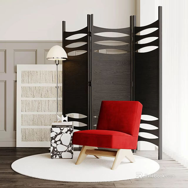 Modern Black Room Divider With Wavy Cutout Design And Red Accent Chair 3d model 