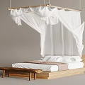 Elegant Wooden Bed With White Canopy Curtain And Side Bench