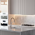 Modern Commercial Kitchen Interior With Marble Island Countertop And Stainless Steel Cabinets Appliances