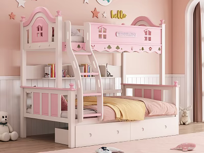 Pink Castle Shaped Kids Bunk Bed With Slide And Drawers 3d model