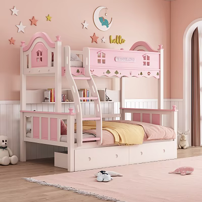 Pink Castle Shaped Kids Bunk Bed With Slide And Drawers 3d model