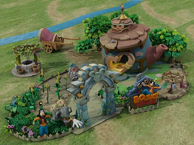 Cartoon Scene With Teapot Shaped House Archway Characters And Green Plants Path 3d model