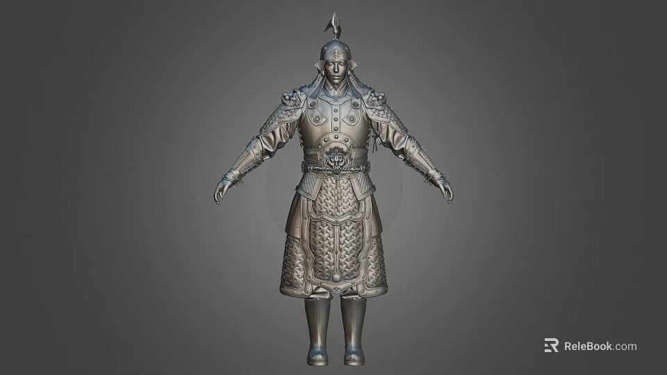 Ancient Warrior In Ornate Armor Standing Pose With Detailed Patterns And Decorative Belt 3d model 