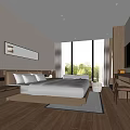 Modern Hotel Guest Room With King Size Bed Wooden Flooring Large Windows And Green View