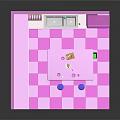 Cartoon Kitchen Scene With Pink Cabinets Fridge Island Counter Stools And Checkered Floor