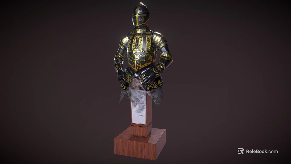 Ornate Knight Armor With Golden Black Decoration On Wooden Display Base 3d model 