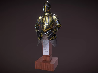 Ornate Knight Armor With Golden Black Decoration On Wooden Display Base 3d model