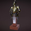 Ornate Knight Armor With Golden Black Decoration On Wooden Display Base