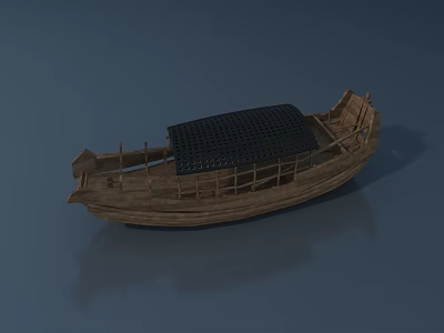 Traditional Wooden Boat Model With Black Canopy And Detailed Wooden Hull 3d model