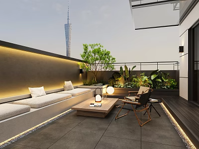 Rooftop Garden Outdoor Area With Comfortable Sofa Wooden Coffee Table Lush Green Plants And City View 3d model