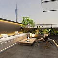 Rooftop Garden Outdoor Area With Comfortable Sofa Wooden Coffee Table Lush Green Plants And City View