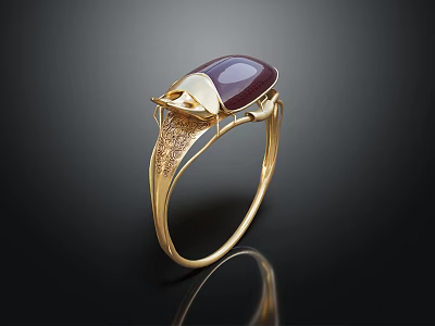 Elegant Gold Ring With Purple Oval Gemstone And Intricate Shiny Band Design 3d model