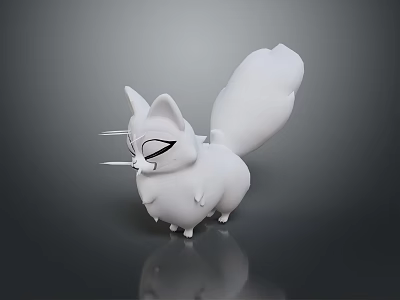 White Cartoon Nine Tailed Fox Character In Standing Pose With Reflection On Gray Background 3d model