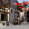 Traditional Commercial Street With Red Lanterns Oil Paper Umbrellas And Pedestrians