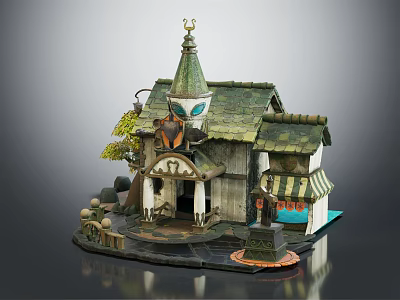 Cartoon Style House with Green Spire Tower Striped Awning Porch and Small Shop Decorations 3d model