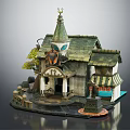Cartoon Style House with Green Spire Tower Striped Awning Porch and Small Shop Decorations