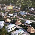 Lush Green Camping Site With Tents Palm Trees Market Stalls And Activities