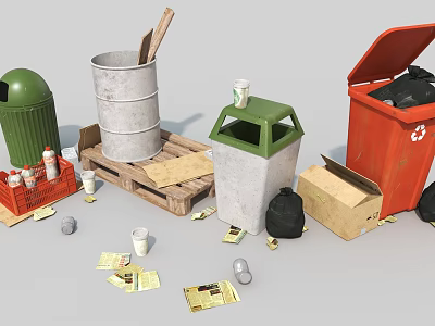 Household Daily Necessities Including Various Trash Bins With Cups Papers Bottles And Garbage Disposal Items 3d model