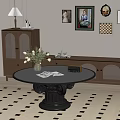 Round Glass Coffee Table With Black Column Base White Flowers And Black Square Pattern Rug 3d model