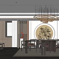 Modern Chinese Style Private Dining Room With Round Table Chandelier And Decorative Wall