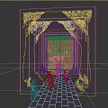 Event Entrance With Tree Decorations Blue Orange Lighting And Children Running On White Brick Path