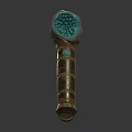 Ornate Golden Decorative Scepter With Green Gemstone Top And Textured Surface