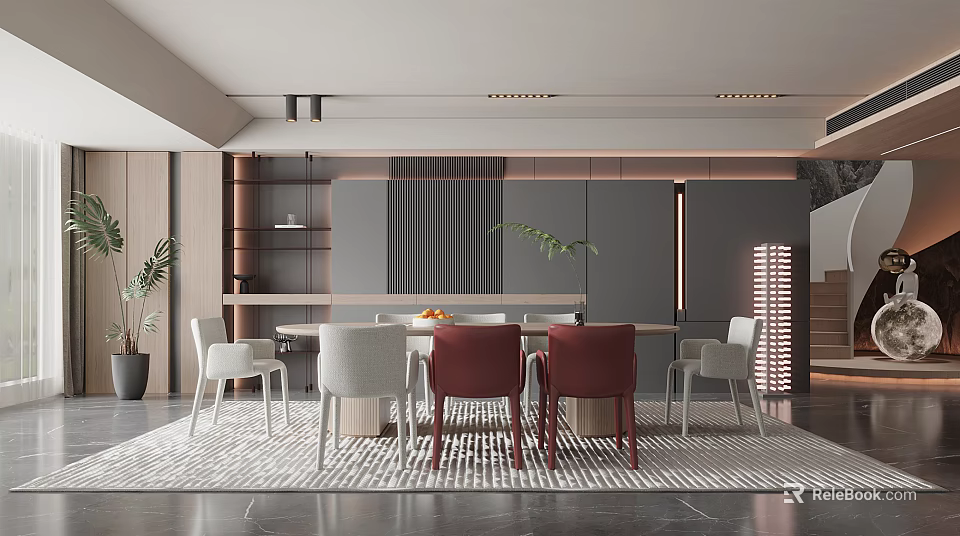 Elegant Restaurant Dining Area With Red White Chairs Table Area Rug And Lighting Fixtures 3d model 