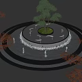 Circular Water Fountain With Central Tree Flowing Water And Decorative Red Leaf Trees