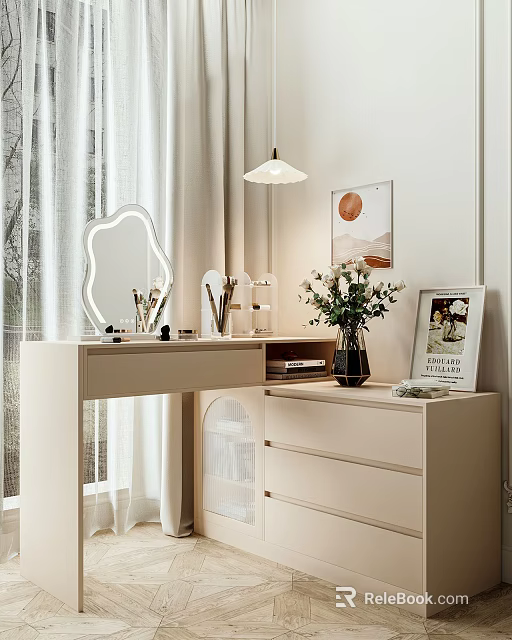Modern Vanity Table With Decorative Mirror Makeup Items Flower Vase Drawers And Picture Frame 3d model 