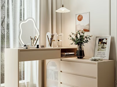 Modern Vanity Table With Decorative Mirror Makeup Items Flower Vase Drawers And Picture Frame 3d model