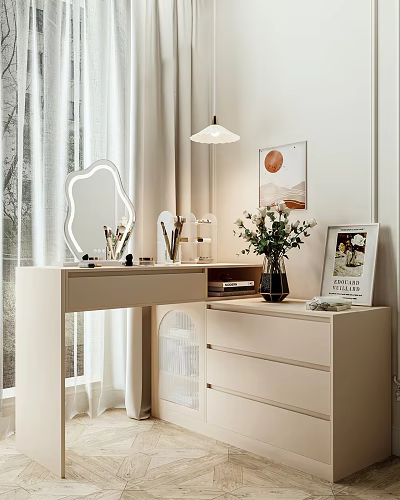 Modern Vanity Table With Decorative Mirror Makeup Items Flower Vase Drawers And Picture Frame 3d model