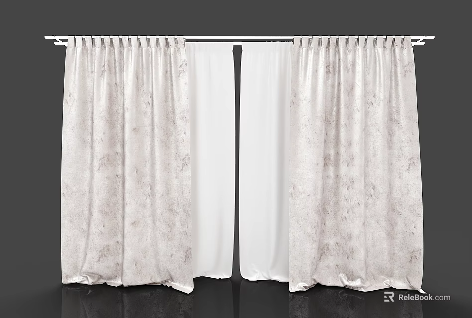 Elegant Light Colored Patterned Curtains With Double Panels And Curtain Rod 3d model